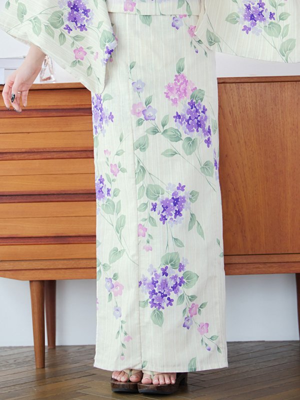 画像18: 【即日発送】クリームストライプ地x紫陽花浴衣【浴衣３点セット 浴衣/帯/下駄】[YMT]