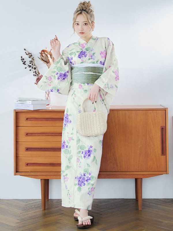 画像3: 【即日発送】クリームストライプ地x紫陽花浴衣【浴衣３点セット 浴衣/帯/下駄】[YMT]