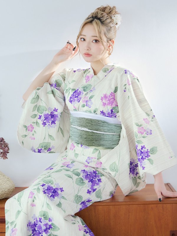 画像4: 【即日発送】クリームストライプ地x紫陽花浴衣【浴衣３点セット 浴衣/帯/下駄】[YMT]