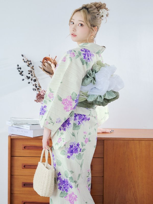 画像5: 【即日発送】クリームストライプ地x紫陽花浴衣【浴衣３点セット 浴衣/帯/下駄】[YMT]