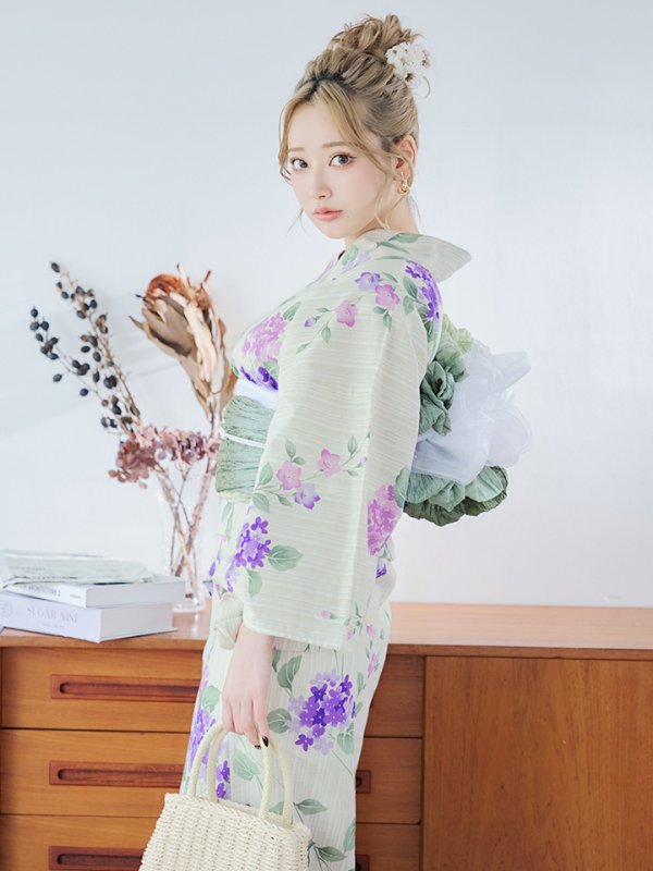 画像7: 【即日発送】クリームストライプ地x紫陽花浴衣【浴衣３点セット 浴衣/帯/下駄】[YMT]