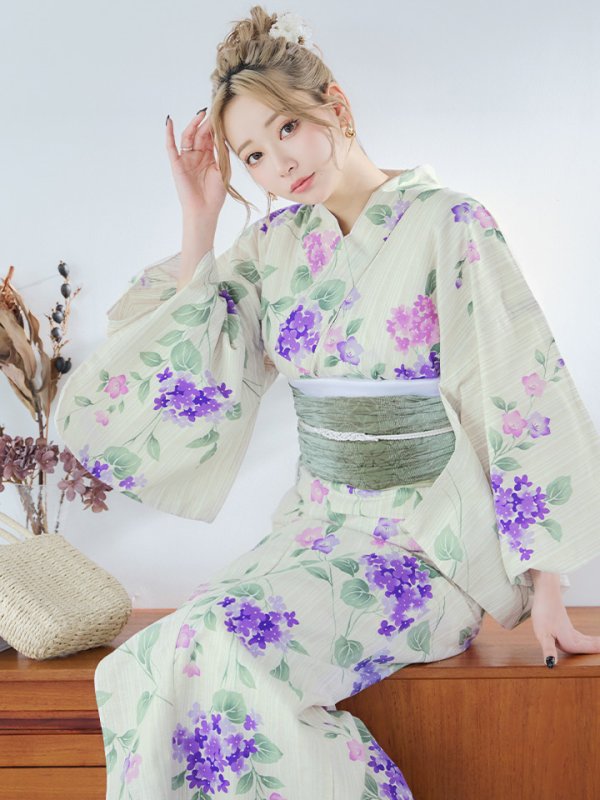 画像8: 【即日発送】クリームストライプ地x紫陽花浴衣【浴衣３点セット 浴衣/帯/下駄】[YMT]