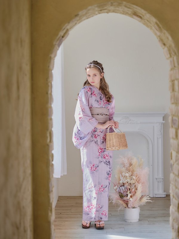 画像10: 【即日発送】【浴衣セール】ピンクストライプ地x紫陽花浴衣 【浴衣３点セット 浴衣/帯/下駄】[YMT]