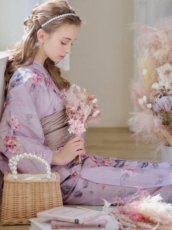 画像13: 【即日発送】【浴衣セール】ピンクストライプ地x紫陽花浴衣 【浴衣３点セット 浴衣/帯/下駄】[YMT]