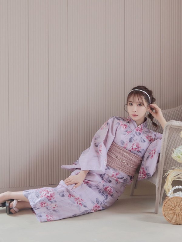 画像13: 【即日発送】【浴衣セール】ピンクストライプ地x紫陽花浴衣 【浴衣３点セット 浴衣/帯/下駄】[YMT]