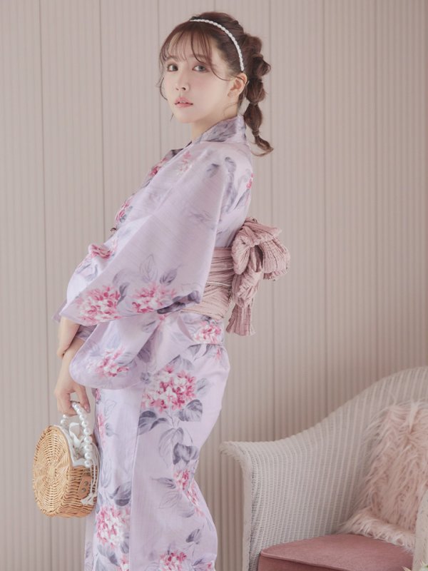 画像15: 【即日発送】【浴衣セール】ピンクストライプ地x紫陽花浴衣 【浴衣３点セット 浴衣/帯/下駄】[YMT]