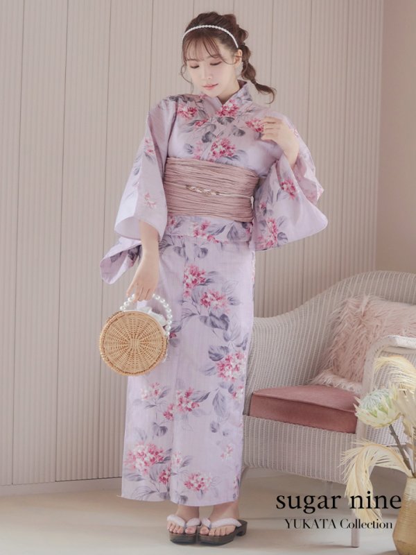 画像3: 【即日発送】【浴衣セール】ピンクストライプ地x紫陽花浴衣 【浴衣３点セット 浴衣/帯/下駄】[YMT]