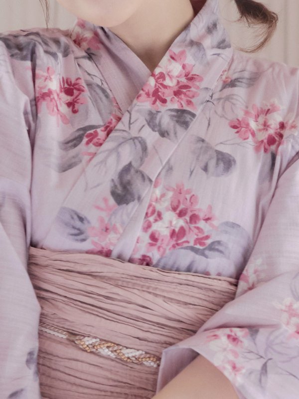 画像6: 【即日発送】【浴衣セール】ピンクストライプ地x紫陽花浴衣 【浴衣３点セット 浴衣/帯/下駄】[YMT]