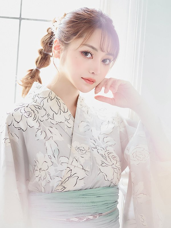 画像12: 【即日発送】【浴衣】グレー地にガーリー牡丹浴衣 【浴衣３点セット 浴衣/帯/下駄】[YMT]