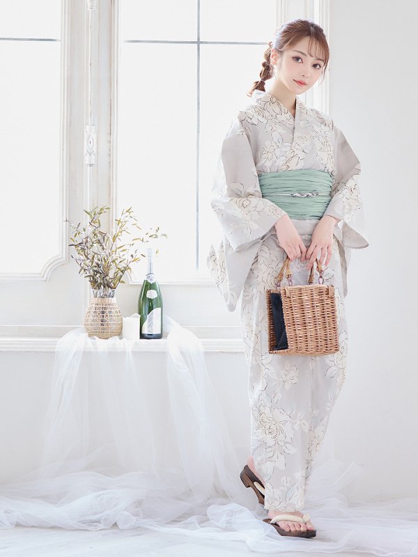 画像4: 【即日発送】【浴衣】グレー地にガーリー牡丹浴衣 【浴衣３点セット 浴衣/帯/下駄】[YMT]