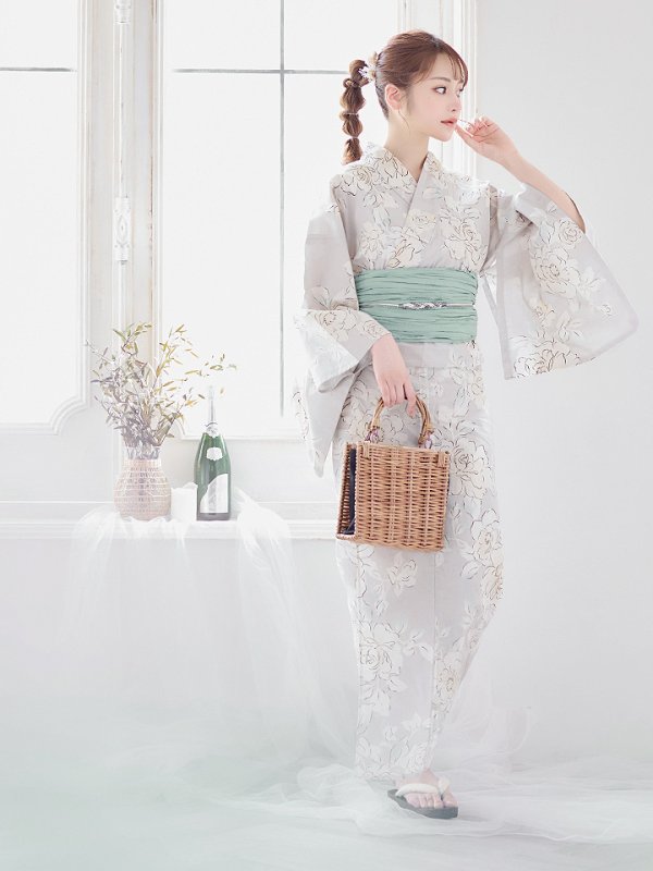 画像8: 【即日発送】【浴衣】グレー地にガーリー牡丹浴衣 【浴衣３点セット 浴衣/帯/下駄】[YMT]