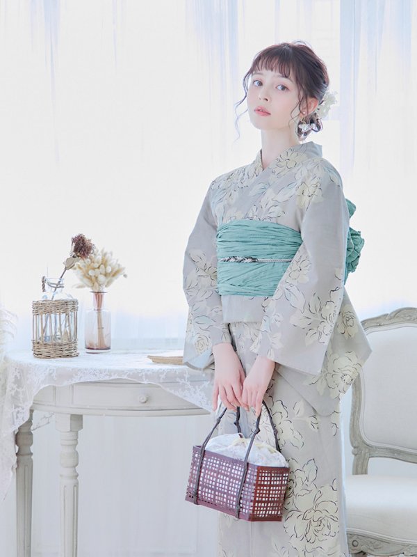 画像12: 【即日発送】【浴衣】グレー地にガーリー牡丹浴衣 【浴衣３点セット 浴衣/帯/下駄】[YMT]