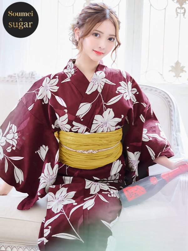 画像1: 【即日発送】【浴衣】エンジ×モダンハイビスカス浴衣 OBI-siwa-202-ok-14-MUS / HIMO-900-yn-7-MOC / YA-1081-kj-P / GETA-02-ok-7-R [YMT]