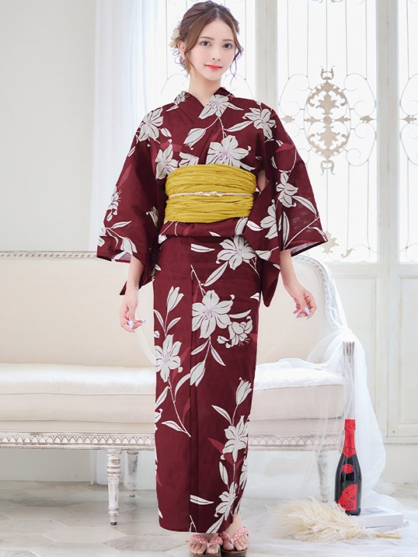 画像4: 【即日発送】【浴衣】エンジ×モダンハイビスカス浴衣【浴衣３点セット 浴衣/帯/下駄】[YMT]