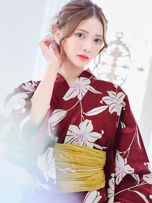 画像5: 【即日発送】【浴衣】エンジ×モダンハイビスカス浴衣【浴衣３点セット 浴衣/帯/下駄】[YMT]