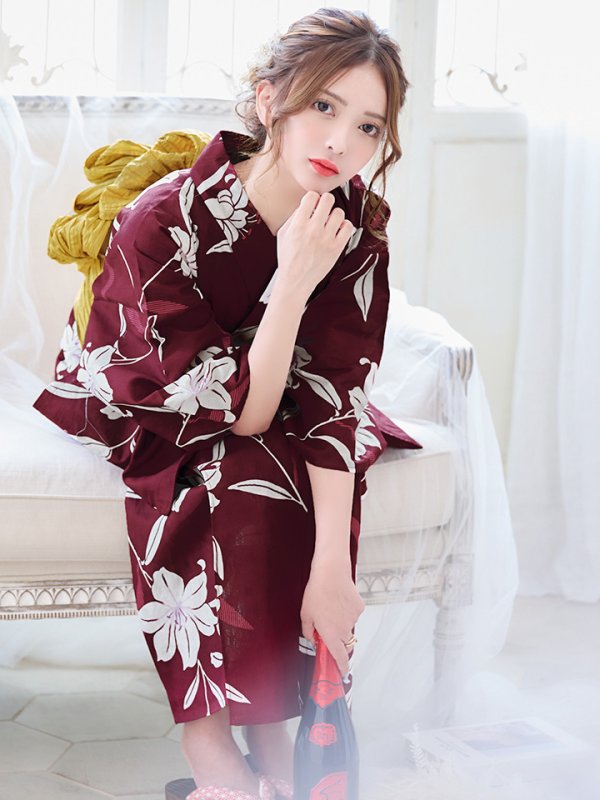 画像7: 【即日発送】【浴衣】エンジ×モダンハイビスカス浴衣【浴衣３点セット 浴衣/帯/下駄】[YMT]