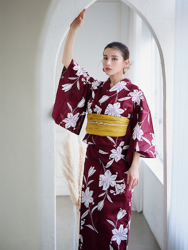 画像10: 【即日発送】【浴衣】エンジ×モダンハイビスカス浴衣 【浴衣３点セット 浴衣/帯/下駄】[YMT]