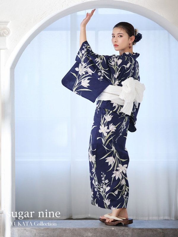 画像3: 【即日発送】ネイビー地x百合柄浴衣【浴衣３点セット 浴衣/帯/下駄】[YMT]