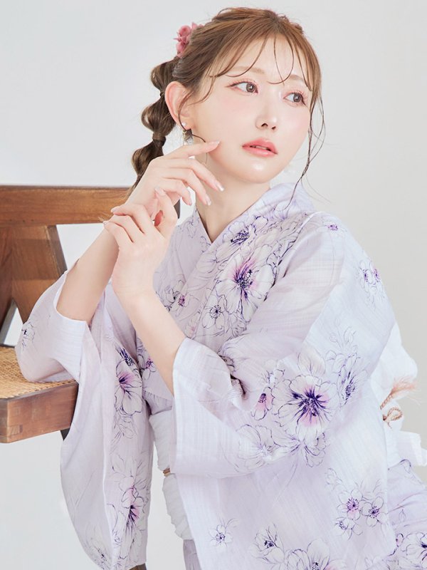画像15: 【浴衣セール！】【即日発送】可憐なパープルxホワイト牡丹浴衣【浴衣３点セット 浴衣/帯/下駄】[YMT]