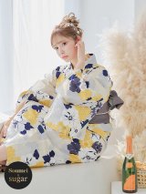 【即日発送】【浴衣】イエローとブルーのニュアンス牡丹浴衣 OBI-hira-100-ok-5-GYxSV / HIMO-900-yn-4-GYxGY / YA-953-kn-W / AYA-68-kn-W / HEKO-800-sb-5-W / GETA-02-ok-2-IV [YMT]