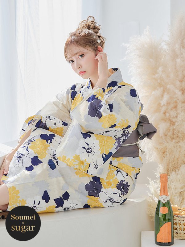 画像1: 【即日発送】【浴衣】イエローとブルーのニュアンス牡丹浴衣 OBI-hira-100-ok-5-GYxSV / HIMO-900-yn-4-GYxGY / YA-953-kn-W / AYA-68-kn-W / HEKO-800-sb-5-W / GETA-02-ok-2-IV [YMT]