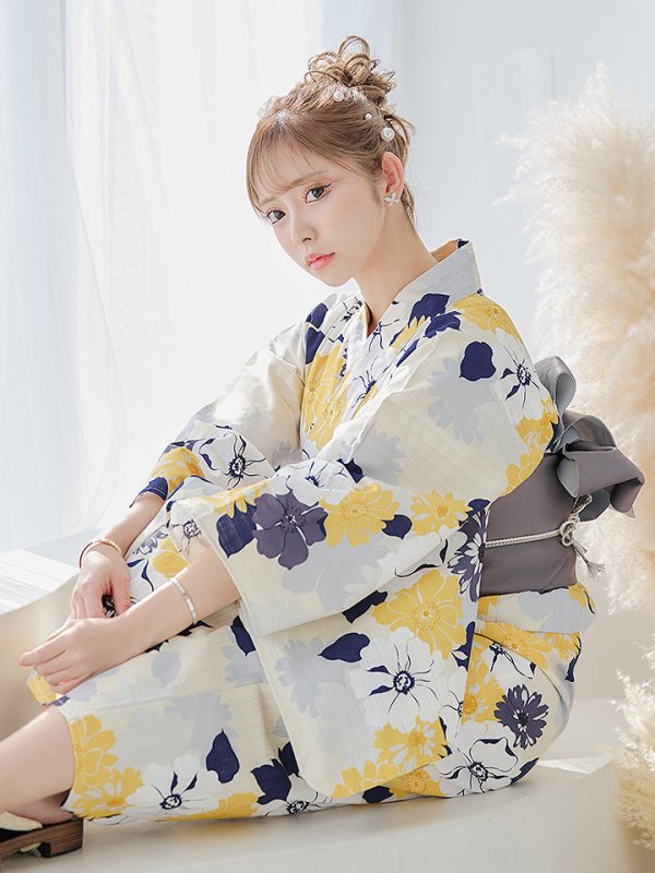 画像10: 【即日発送】【浴衣】イエローとブルーのニュアンス牡丹浴衣【浴衣３点セット 浴衣/帯/下駄】[YMT]
