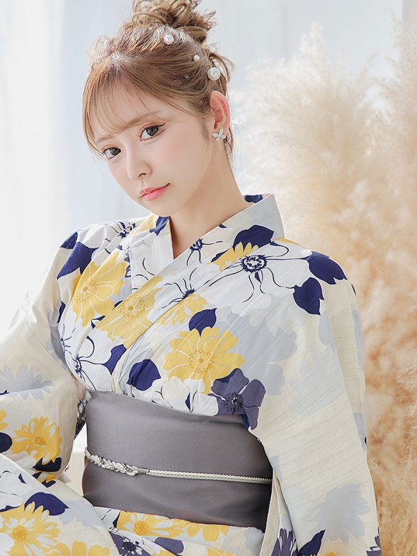 画像7: 【即日発送】【浴衣】イエローとブルーのニュアンス牡丹浴衣【浴衣３点セット 浴衣/帯/下駄】[YMT]
