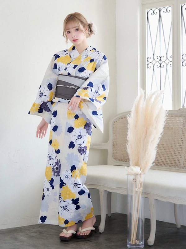 画像14: 【即日発送】【浴衣】イエローとブルーのニュアンス牡丹浴衣【浴衣３点セット 浴衣/帯/下駄】[YMT]
