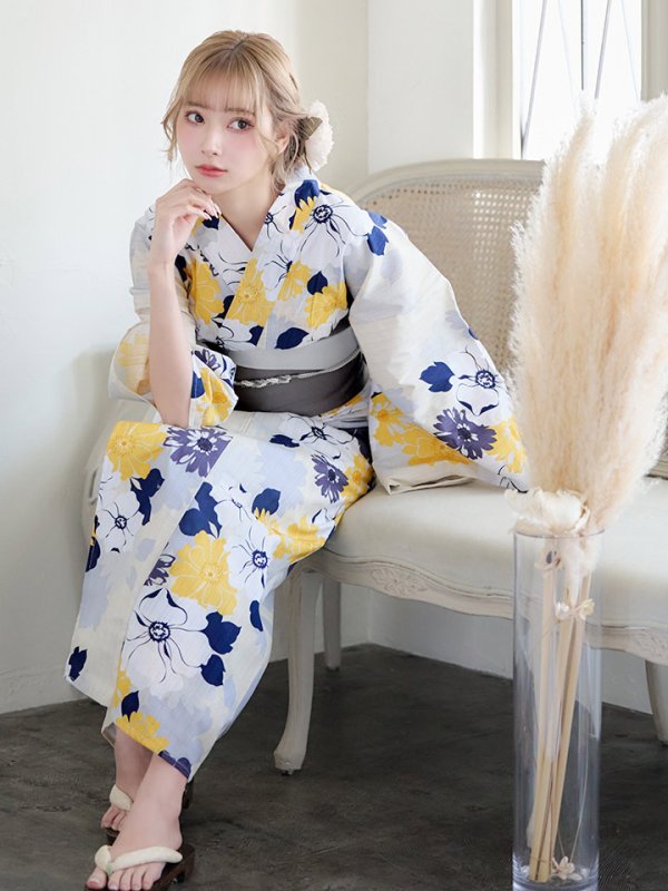 画像16: 【即日発送】【浴衣】イエローとブルーのニュアンス牡丹浴衣【浴衣３点セット 浴衣/帯/下駄】[YMT]