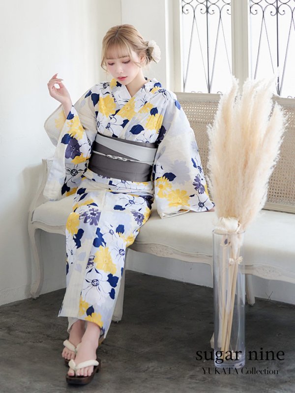 画像3: 【即日発送】【浴衣】イエローとブルーのニュアンス牡丹浴衣【浴衣３点セット 浴衣/帯/下駄】[YMT]
