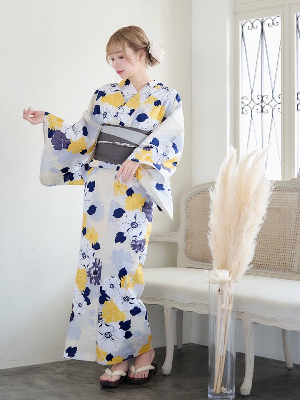 画像4: 【即日発送】【浴衣】イエローとブルーのニュアンス牡丹浴衣【浴衣３点セット 浴衣/帯/下駄】[YMT]