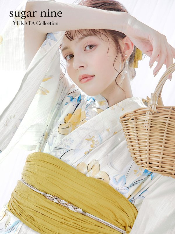画像1: 【即日発送】ブルーとイエローのニュアンス水仙浴衣  OBI-siwa-202-ok-14-MUS / HIMO-900-yn-7-MOC / YA-950-kn-Y / HEKO-800-sb-6-YEBE / GETA-02-ok-2-IV [YMT]