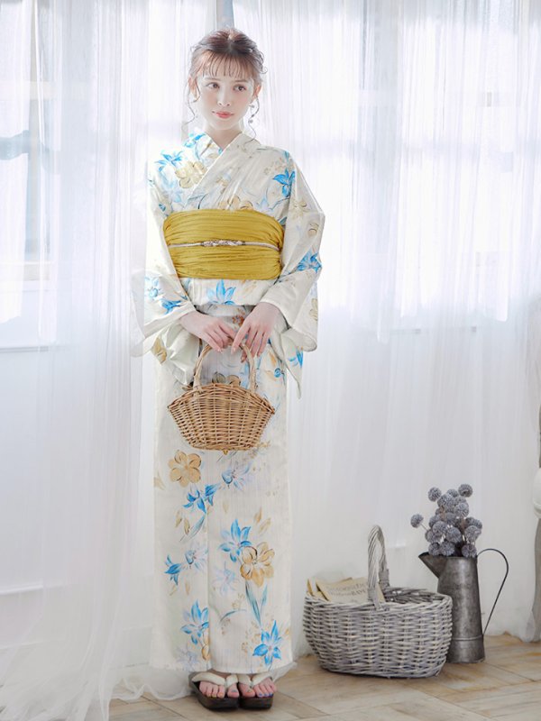 画像4: 【即日発送】ブルーとイエローのニュアンス水仙浴衣 【浴衣３点セット 浴衣/帯/下駄】[YMT]