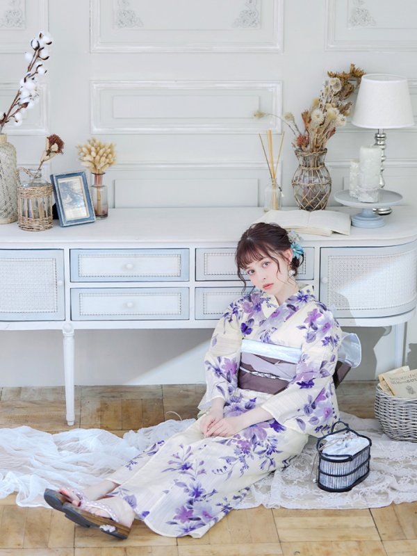 画像12: 【即日発送】白地xパープルグラデーション浴衣 【浴衣３点セット 浴衣/帯/下駄】[YMT]