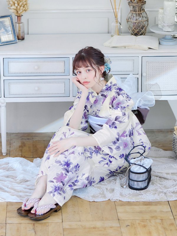 画像13: 【即日発送】白地xパープルグラデーション浴衣 【浴衣３点セット 浴衣/帯/下駄】[YMT]