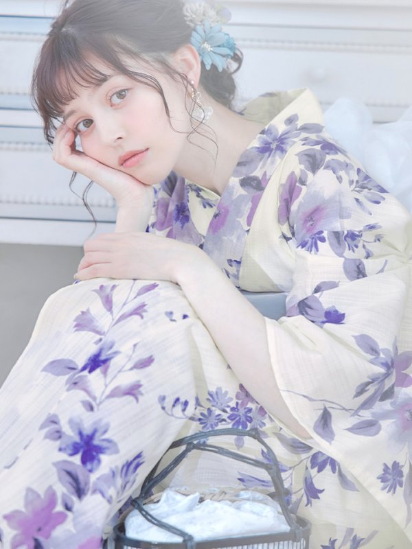 画像14: 【即日発送】白地xパープルグラデーション浴衣 【浴衣３点セット 浴衣/帯/下駄】[YMT]