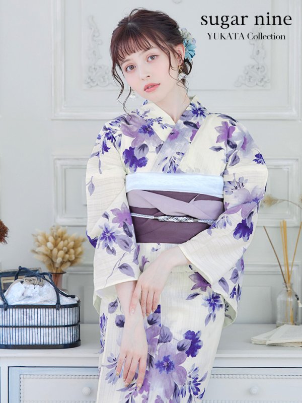 画像2: 【即日発送】白地xパープルグラデーション浴衣   OBI-hira-100-ok-8-PLxLPL / HIMO-900-yn-4-GYxGY / YA-1023-wk-BL / HEKO-800-sb-5-W / GETA-02-ok-6-PL [YMT]