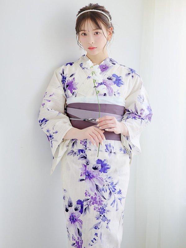 画像10: 【即日発送】白地xパープルグラデーション浴衣【浴衣３点セット 浴衣/帯/下駄】[YMT]