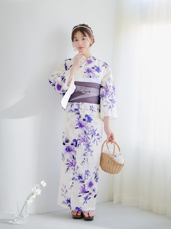 画像15: 【即日発送】白地xパープルグラデーション浴衣【浴衣３点セット 浴衣/帯/下駄】[YMT]