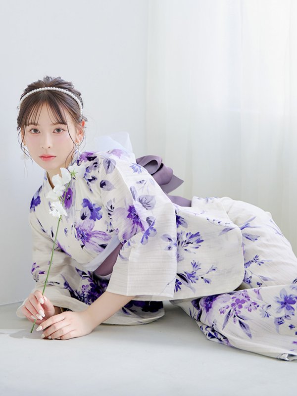 画像1: 【即日発送】白地xパープルグラデーション浴衣 OBI-hira-100-ok-8-PLxLPL / HIMO-900-yn-4-GYxGY / HEKO-800-sb-5-WH / A939kj-7 / GETA-02-ok-6-PL/ [YMT]