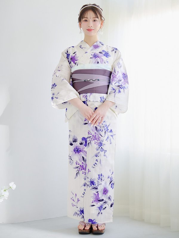 画像4: 【即日発送】白地xパープルグラデーション浴衣【浴衣３点セット 浴衣/帯/下駄】[YMT]