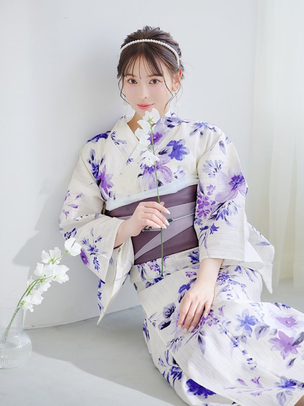 画像7: 【即日発送】白地xパープルグラデーション浴衣【浴衣３点セット 浴衣/帯/下駄】[YMT]
