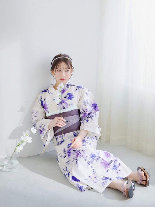 画像9: 【即日発送】白地xパープルグラデーション浴衣【浴衣３点セット 浴衣/帯/下駄】[YMT]