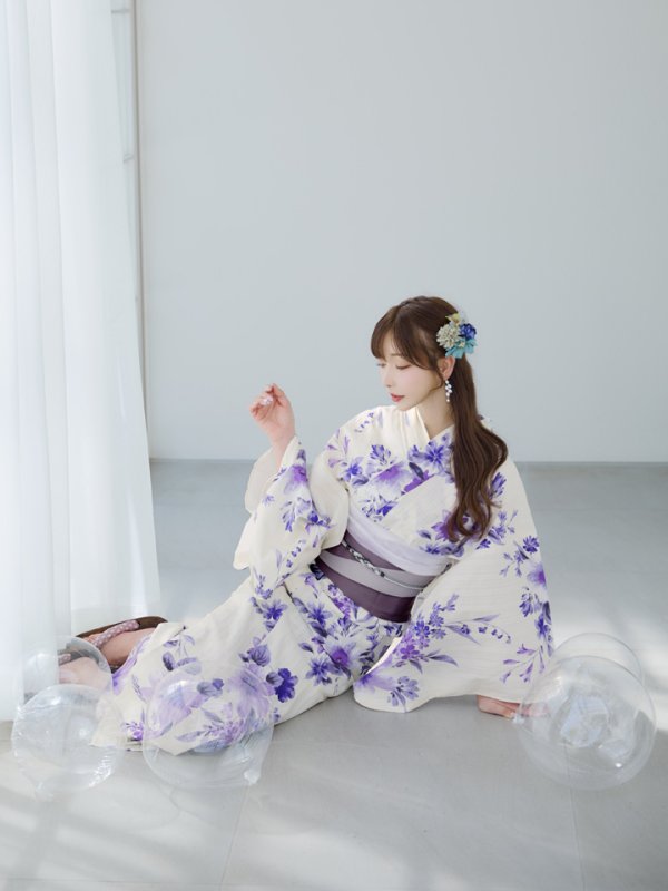 画像10: 【即日発送】白地xパープルグラデーション浴衣【浴衣３点セット 浴衣/帯/下駄】[YMT]