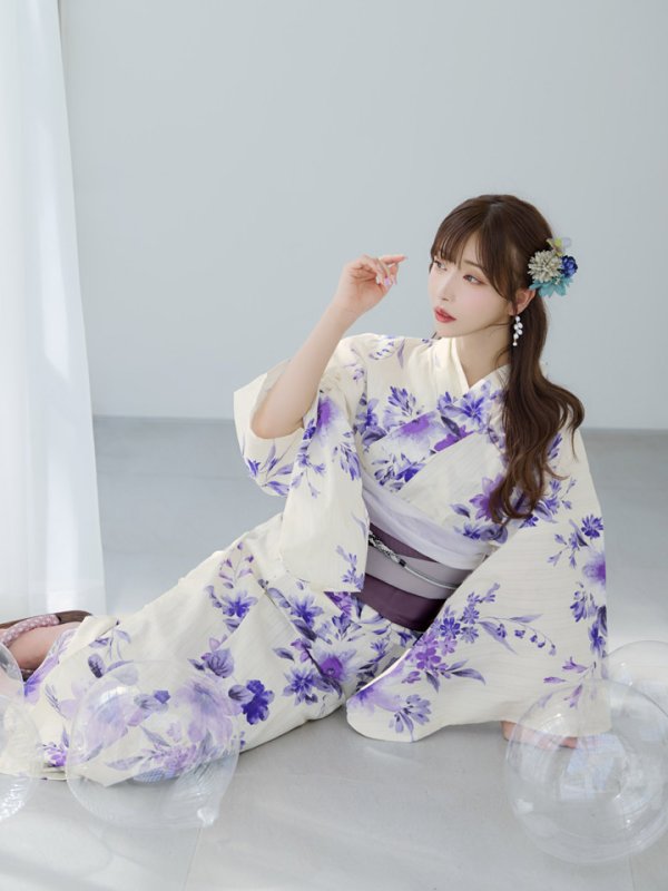 画像11: 【即日発送】白地xパープルグラデーション浴衣【浴衣３点セット 浴衣/帯/下駄】[YMT]