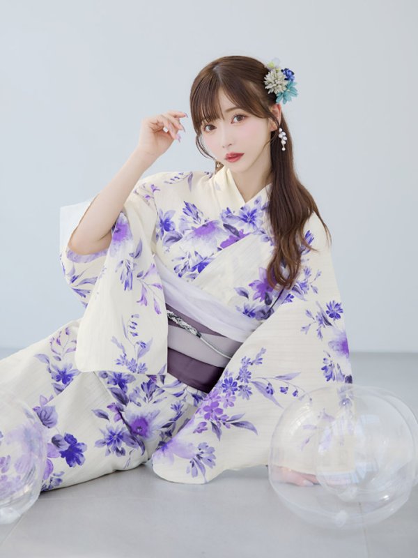 画像12: 【即日発送】白地xパープルグラデーション浴衣【浴衣３点セット 浴衣/帯/下駄】[YMT]