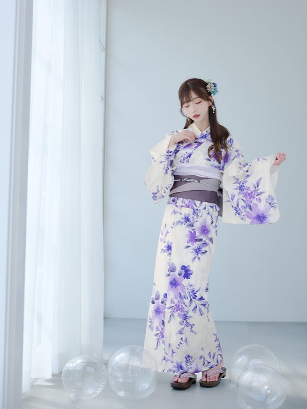 画像5: 【即日発送】白地xパープルグラデーション浴衣【浴衣３点セット 浴衣/帯/下駄】[YMT]