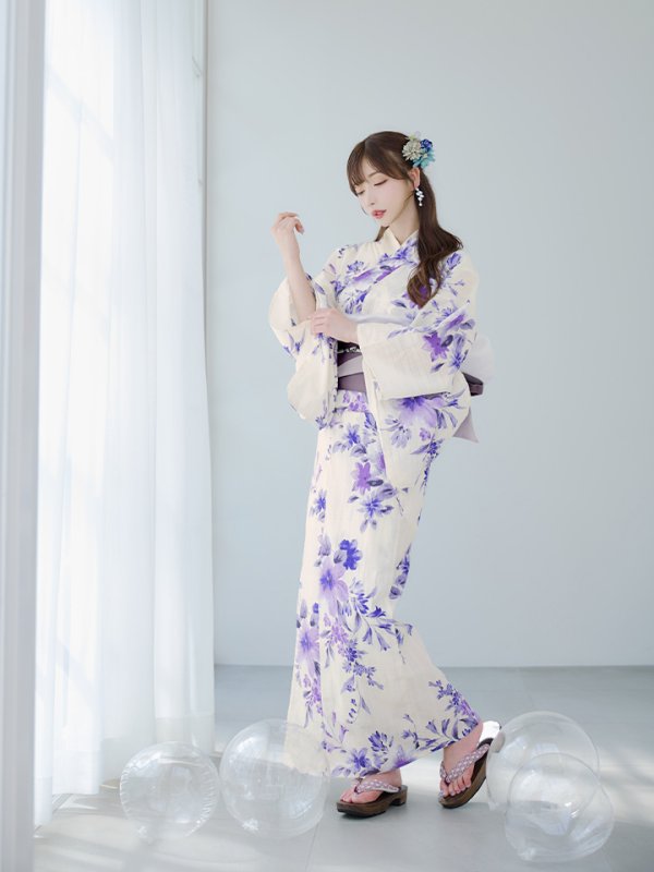 画像6: 【即日発送】白地xパープルグラデーション浴衣【浴衣３点セット 浴衣/帯/下駄】[YMT]