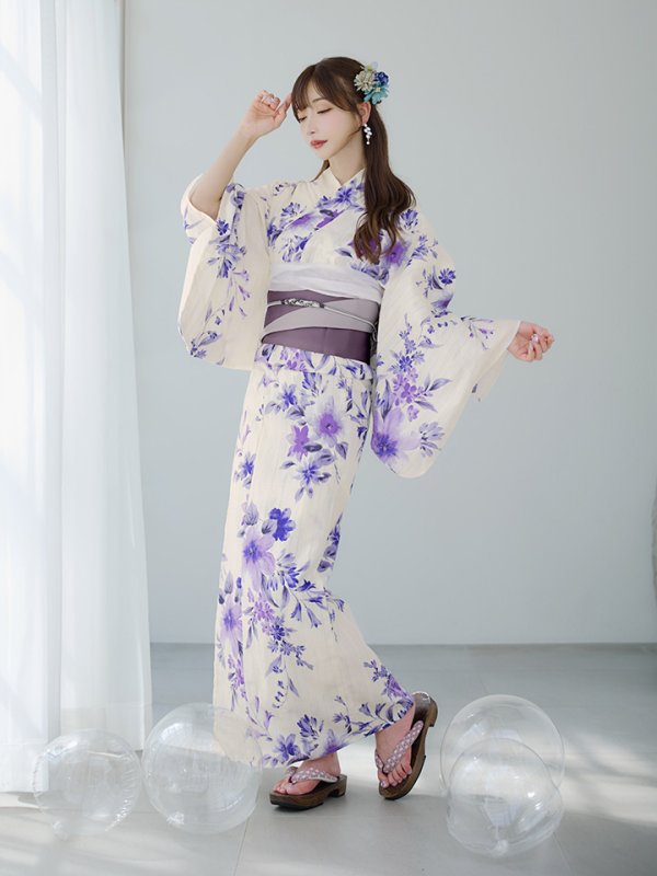 画像7: 【即日発送】白地xパープルグラデーション浴衣【浴衣３点セット 浴衣/帯/下駄】[YMT]