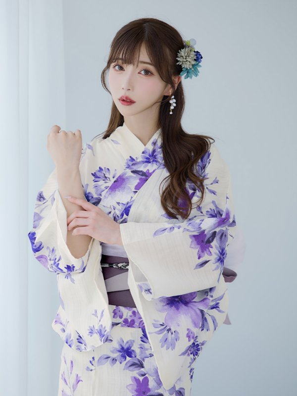 画像9: 【即日発送】白地xパープルグラデーション浴衣【浴衣３点セット 浴衣/帯/下駄】[YMT]